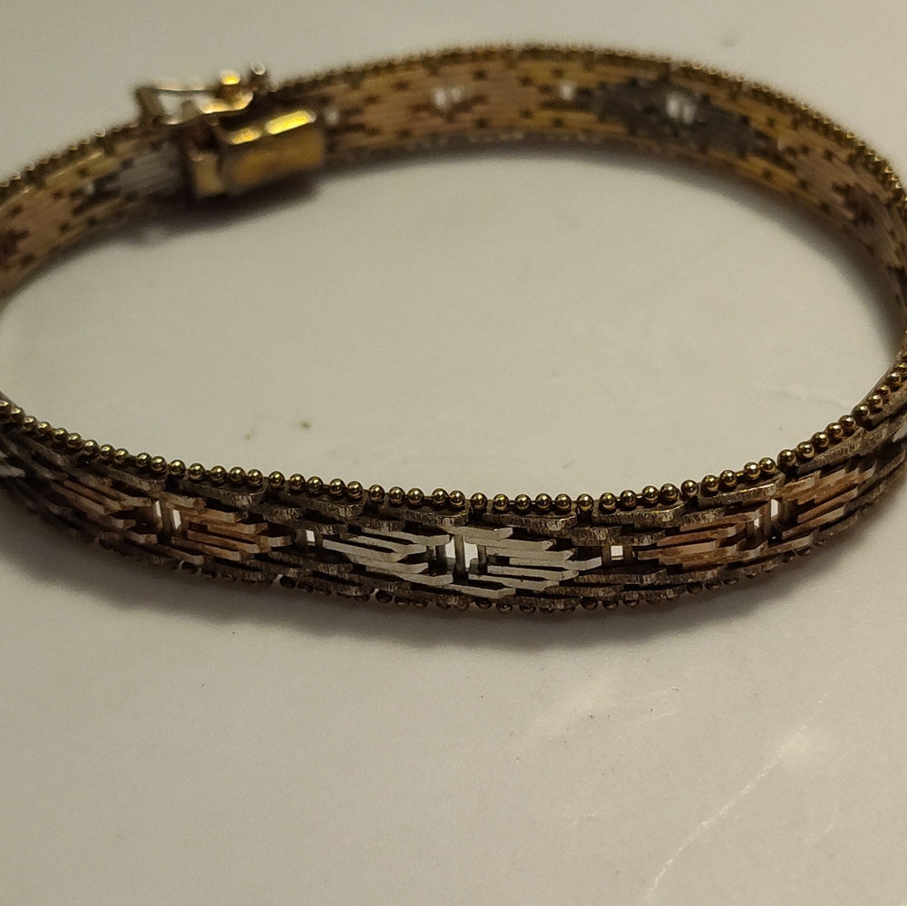 14k Solid Tri-Color Gold Bracelet Signed w/Safety Clasp Vintage Designer